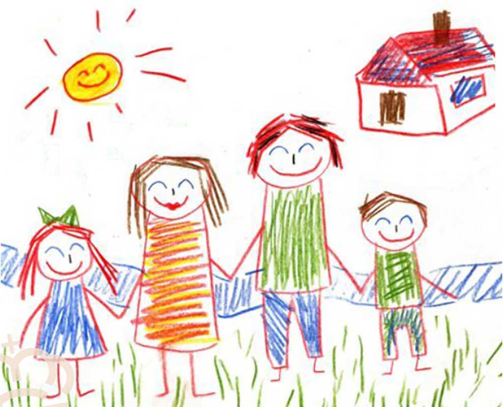 Dibujo infantil de una familia y una casita al fondo