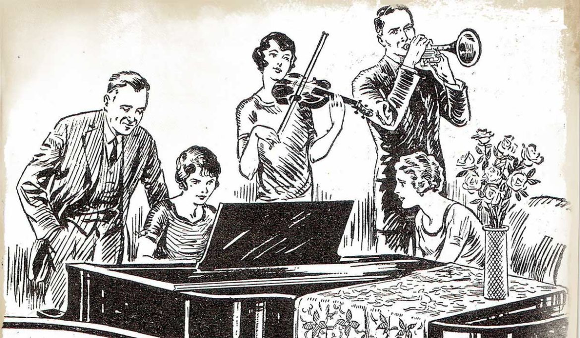 Ilustración de un grupo de personas tocando música alrededor de un piano