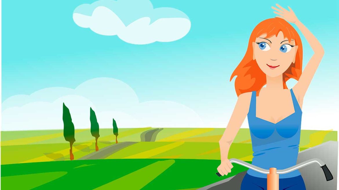 dibujo de una chica montando en bici sobre fondo de paisaje