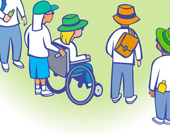 Ilustración de un grupo de niños, uno de ellos en silla de ruedas