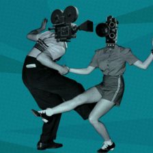 Cartel de MoralCine: una pareja bailando. Sus cabezas son cámaras de cine