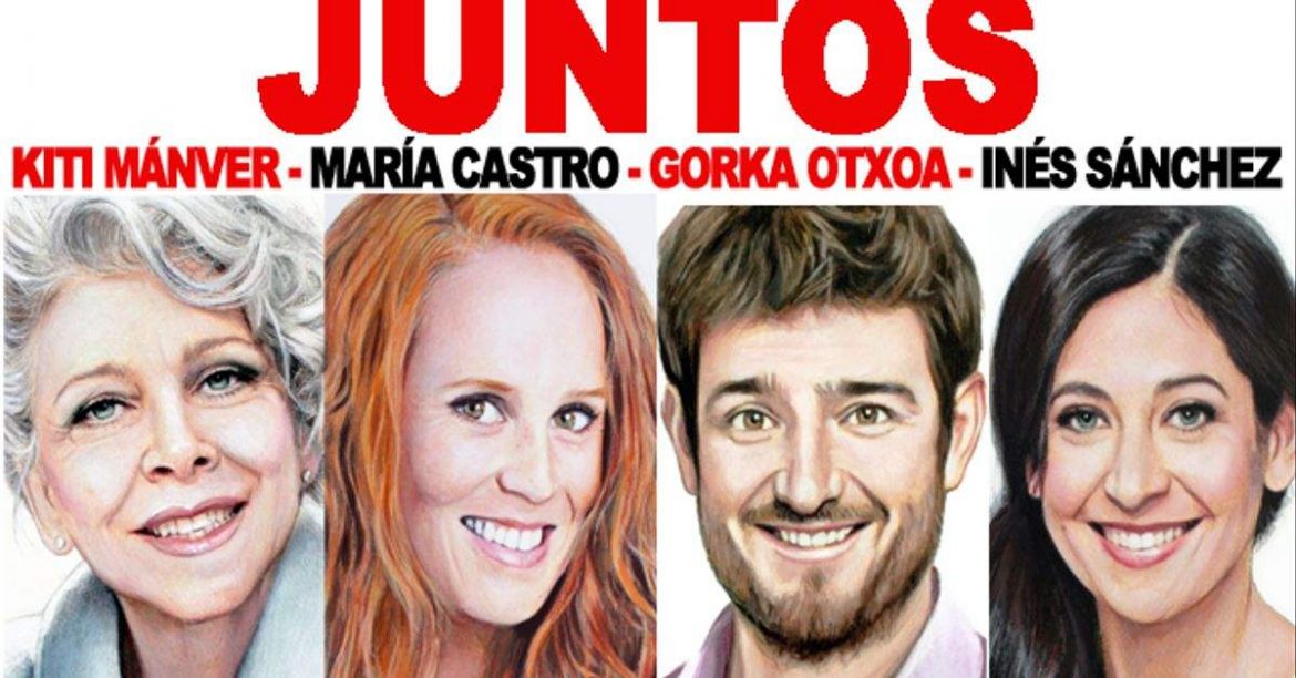 Cartel promocional de la obra de teatro Juntos con ilustraciones de los 4 protagonistas