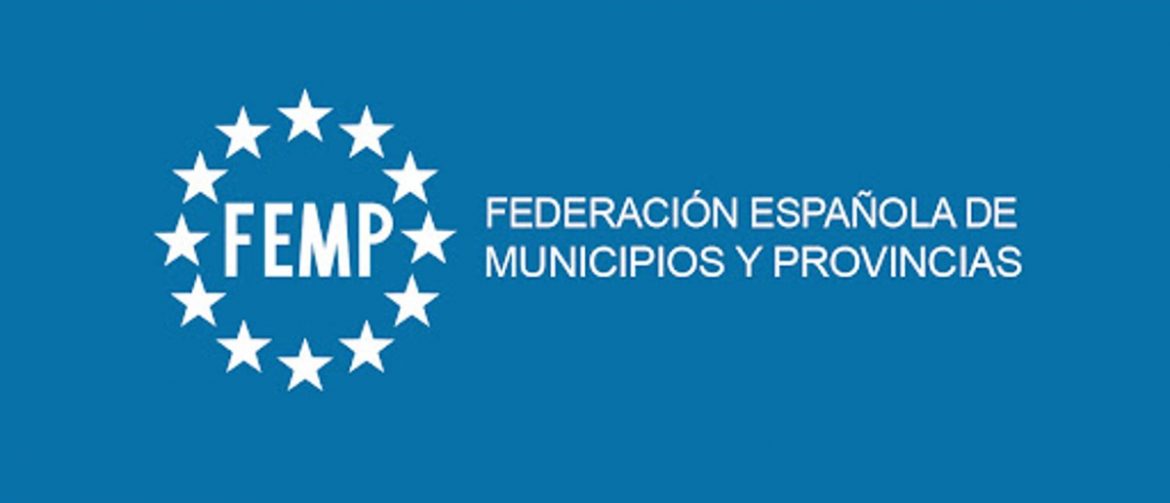 Logo de la FEMP rodeado de estrellas y sobre fondo azul