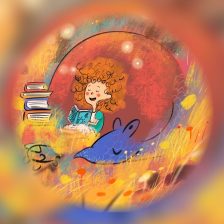 Ilustración de una niña rodeada de libros