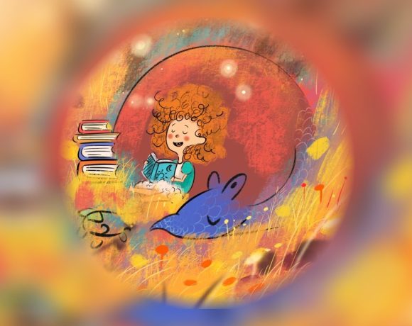 Ilustración de una niña rodeada de libros