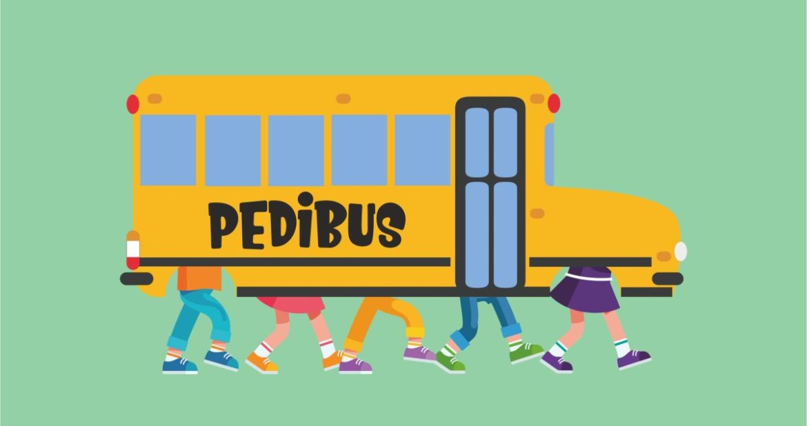Ilustración de un autobús escolar con piernas de niños