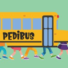 Ilustración de un autobús escolar con piernas de niños