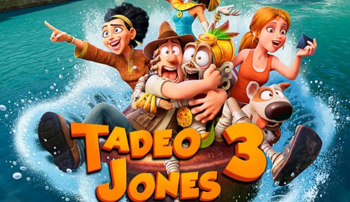 Cartel promocional de Tadeo Jones 3 con los protagonistas