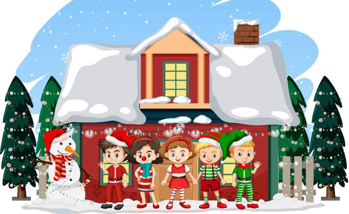 Ilustración de niños delante de una casa en navidad