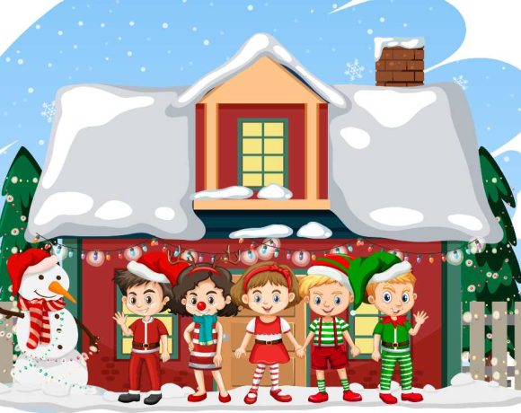 Ilustración de niños delante de una casa en navidad