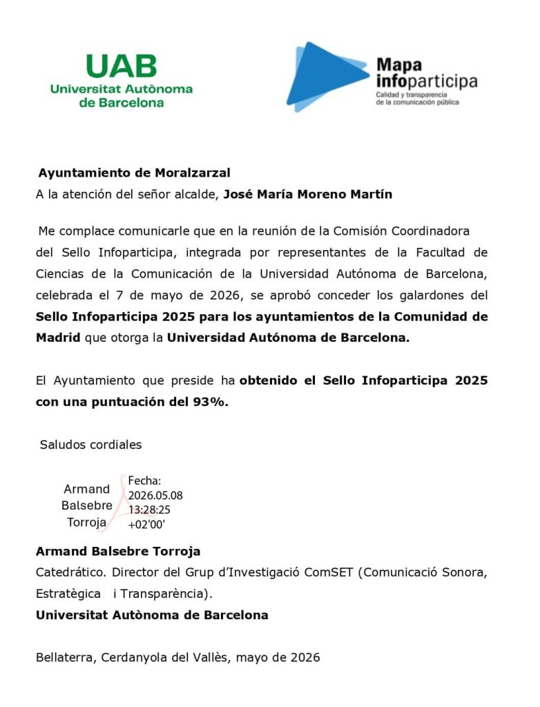 Moralzarzal confirma su compromiso con la transparencia, galardonado con el Sello Infoparticipa 2025