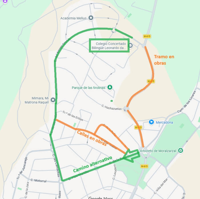 Plan de desvíos de tráfico y rutas alternativas por las obras de mejora en la M-615 y las calles Santa Isabel y Peña en Moralzarzal