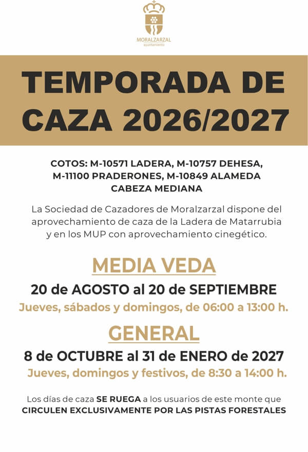 Cartel temporada caza 2026-27 en Moralzarzal OK