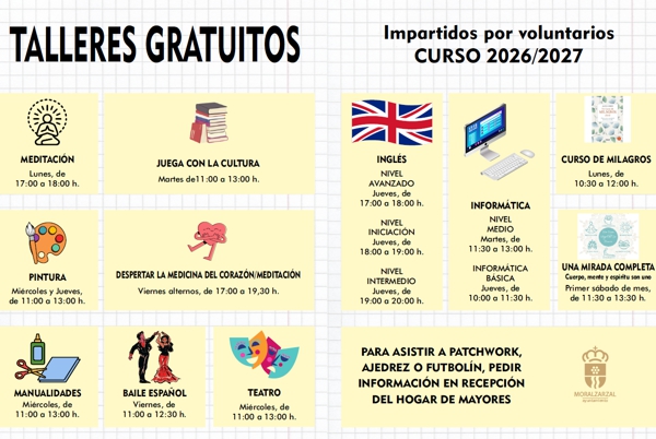Abierto el plazo de inscripción para los Talleres Gratuitos para Mayores, un programa impartido por mayores voluntarios en Moralzarzal